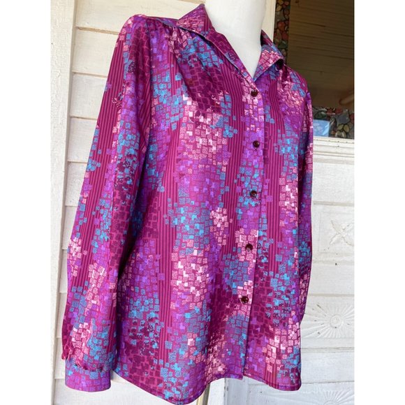 Vintage 1970s Womens Blouse Pink Purple Abstract Print - Picture 14 of 14